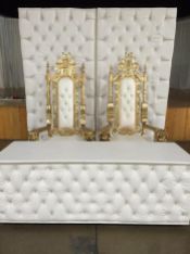 WHITE LEATHER TUFTED HEAD TABLE WITH GOLD THRONE CHAIRS AND MATCHING BACKDROP LOS ANGELES